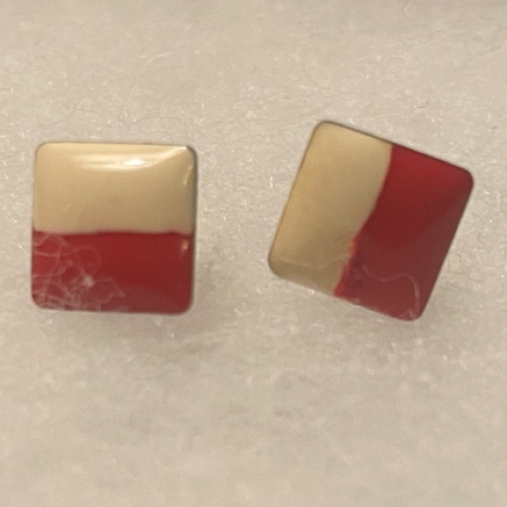 Elegant Red and Cream Square Stud Earrings